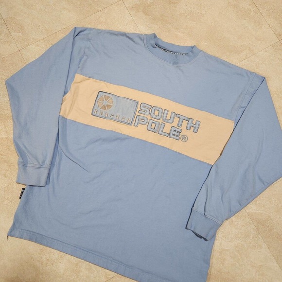 VTG South Pole Mens XL Embroidered Spellout Blue Long Sleeve T Shirt Streetwear - Picture 1 of 12
